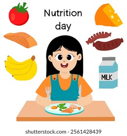 national nutrition month is celebrated every year in march, vector illustration. nutrition day. little kid eating to commemorate nutrition day with balanced food.