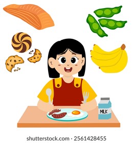 national nutrition month is celebrated every year in march, vector illustration. nutrition day. little kid eating to commemorate nutrition day with balanced food.