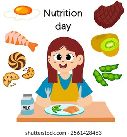 national nutrition month is celebrated every year in march, vector illustration. nutrition day. little kid eating to commemorate nutrition day with balanced food.