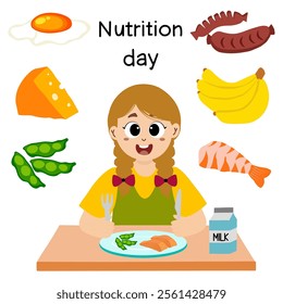 national nutrition month is celebrated every year in march, vector illustration. nutrition day. little kid eating to commemorate nutrition day with balanced food.