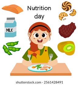 national nutrition month is celebrated every year in march, vector illustration. nutrition day. little kid eating to commemorate nutrition day with balanced food.