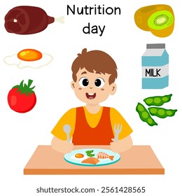 national nutrition month is celebrated every year in march, vector illustration. nutrition day. little kid eating to commemorate nutrition day with balanced food.