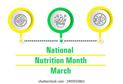 National Nutrition Month concept vector. Event is celebrated every March. Healthy food are shown. Sausage with pasta and mushrooms on a plate. Cauliflower, peppers, carrots, vegetables.