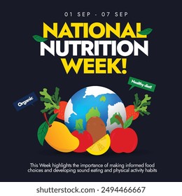 National nutrition week. 1 to 7 September Nutritional week banner, post with earth globe, fruits and vegetables icons. The day focus to highlight the importance of healthy diet and its impact on body.