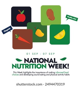 National Nutrition Week banner, background, post. 1 to 7 september Nutritional Week banner with stickers, colourful icon of healthy fruits and vegetables. Conceptual banner to eat healthy, nutritional