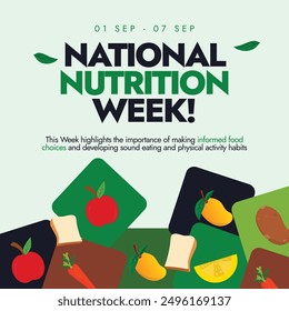 National Nutrition Week banner, background, post. 1 to 7 september Nutritional Week banner with sticker, colourful icons of healthy fruits and vegetables. Conceptual banner to eat healthy, nutritional