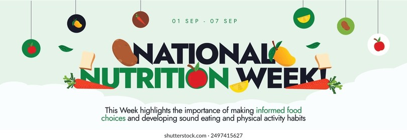 National Nutrition Week banner, background, post. 1 to 7 september Nutritional Week cover banner with hanging stickers, colourful icon of healthy fruits and vegetables. 