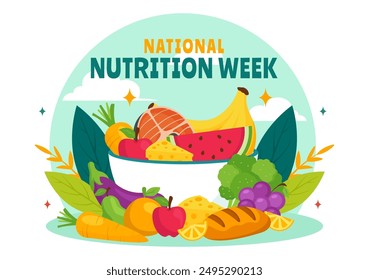 National Nutrition Week Day Vector Illustration on September 7 with Healthy Food and Lifestyle Choice such as Fruits and Vegetables in the Background