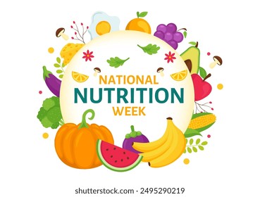 National Nutrition Week Day Vector Illustration on September 7 with Healthy Food and Lifestyle Choice such as Fruits and Vegetables in the Background