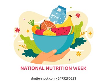 National Nutrition Week Day Vector Illustration on September 7 with Healthy Food and Lifestyle Choice such as Fruits and Vegetables in the Background