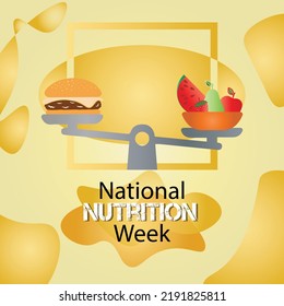 National Nutrition week poster design, burger and fruits basket on weight machine abstract background,1st september to 7th day