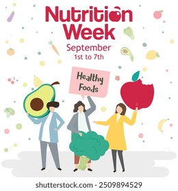 National Nutrition Week poster design, September 1st to 7th Nutrition week, food vector, nutrition week flat illustration design concept