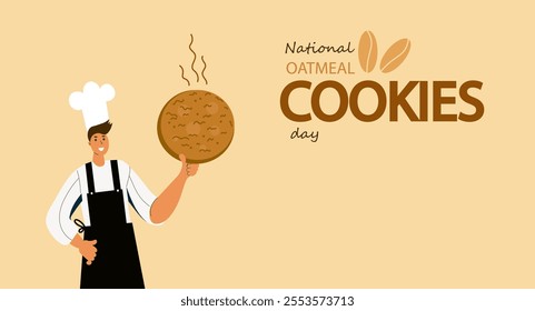 National oatmeal cookie day. Vector doodle  line art cartoon illustration for banner, poster, greeting card,  menu, recipe. Tea party, afternoon snak, breakfast, cafe themed concept background.