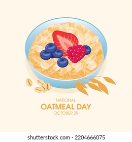 National Oatmeal Day vector. Bowl of oatmeal with berries icon vector. Healthy cereal breakfast with fruits icon vector. Oat flakes breakfast design element. October 29. Important day