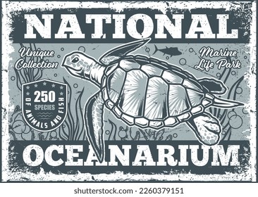National oceanarium flyer vintage monochrome with tortoise reptile swimming underwater to advertise marine natural park with aquarium vector illustration
