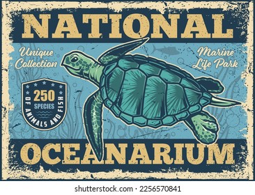 National oceanarium vintage colorful flyer with underwater turtle floating in sea water to advertise exhibition dedicated to reptiles vector illustration