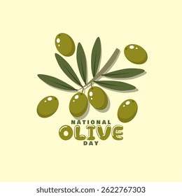 National Olive Day to celebrate on June 1st. Olive fruits with branches and leaves on cream background.