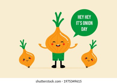 National Onion Day vector greeting card, illustration with cute cartoon style onion characters with speech bubble. June 27.
