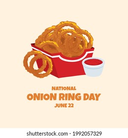 Nationaler Onion Ring Day Vektor. Fried Zwiebeln klingelt mit Tomatentaucher. Amerikanische Delikatessen-Ikone. Onion Ring Day Poster, 22. Juni. Wichtiger Tag