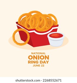 Ilustración vectorial del Día Nacional del Anillo de Onión. Anillos de cebolla frita con vector de caída de tomate. Anillos de cebolla roja papel de la caja de papel gráfico. Icono de comida para manjar de Estados Unidos. 22 de junio. Día importante