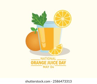 National orange Juice Day vector illustration. Glass of orange juice with orange and mint leaf icon. Glass with fresh ice summer drink vector.