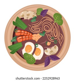 National oriental dish with noodle, shrimps, eggs, mushrooms. Asian food isolated. Japanese cuisine. Vector flat drawn illustration for menu, poster, flyer, banner, delivery, cooking concept