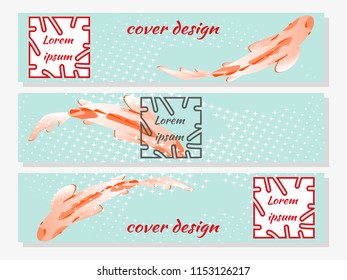 National oriental pattern, multiсolored fish scale koi carp and silhouettes of koi carp. Set of trendy modern horizontal design templates for covers, business cards, magazines. Vector illustration.