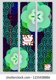 National oriental pattern, multiсolored fish scale koi carp and sakura flowers. Set of trendy vertical design templates for covers, business cards, magazines, interior.Vector illustration.