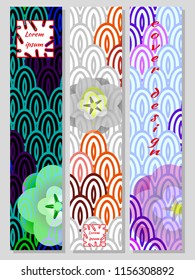 National oriental pattern, multiсolored fish scale koi carp and sakura flowers. Set of trendy vertical design templates for covers, business cards, magazines, interior.Vector illustration.