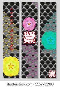 National oriental pattern, multiсolored fish scale koi carp and sakura flowers. Set of trendy vertical design templates for covers, business cards, magazines, interior.Vector illustration.