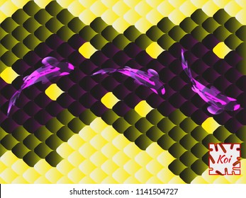 National oriental pattern, multi-colored fish scales of carp Koi. Seamless pattern Koi carp in bright yellow, violet and black. Vector illustration.