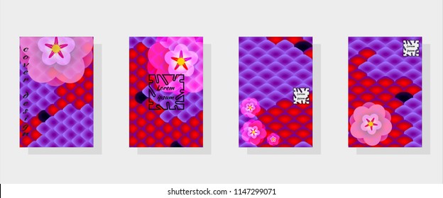 National oriental pattern, multi-colored fish scales of carp Koi and sakura flowers. Set of fashionable modern design templates for covers.  Vector illustration.