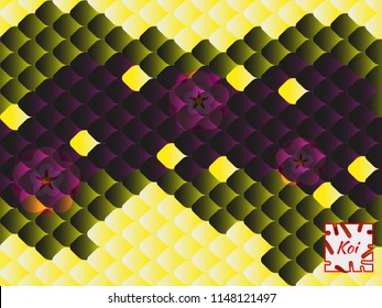National oriental pattern, multi-colored fish scales of carp Koi and sakura flowers. Seamless pattern Koi carp in bright yellow, violet and black. Vector llustration.