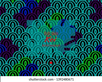 National oriental pattern, multicolored fish skin of carp Koi. Seamless pattern Koi carp in dark blue, bright ultramarine and red color. Vector textured illustration.