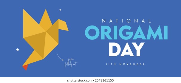 Dia nacional do origami. Banner de celebração do dia de 11 de novembro de Origami, O dia é dedicado à prática japonesa de dobrar papel. Arte de matemática, geometria.