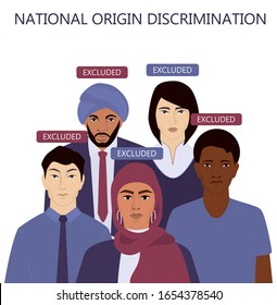 National Origin Discrimination Concept Web Or Ad Banner. Group Of People Of Different Race, Nationality And Gender. Unequal Rights For Emigrant, Excluded People. Isolated Vector Illustration.