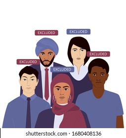 National origin discrimination concept web or ad banner. Group of people of different race, nationality and gender. Unequal rights for emigrant, excluded people. Isolated vector illustration.