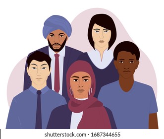 National Origin Diversity. Group Of People Of Different Race, Nationality And Gender. Discrimination Against Migrants, Nationalism Concept. Isolated Vector Illustration.