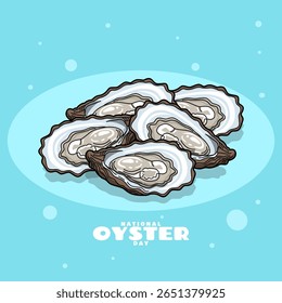 O Dia Nacional das Ostras comemorado em 5 de agosto. Ostras frescas e deliciosas sobre um fundo azul-celeste. Banner do evento de frutos do mar.
