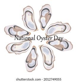 National Oyster Day. Oysters arranged in a circle, inscription. Flat vector illustration isolated on white background