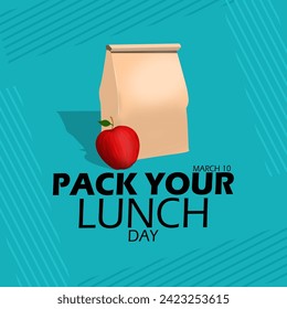 National Pack Your Lunch Day event banner. A red apple with a brown paper bag wrapping lunch, with bold text on turquoise background to celebrate on March 10