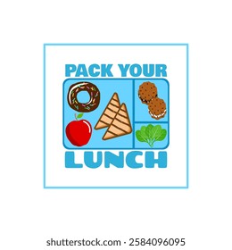 National Pack Your Lunch Day to celebrate on March 10th. A lunch box containing donuts, sandwiches, apples, cookies and vegetables with bold text in frame on white background. Food event banner.