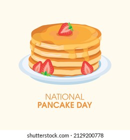 National Pancake Day vector. Fresh pancakes with strawberries and syrup icon vector. Pile of pancakes on a plate icon. Important day