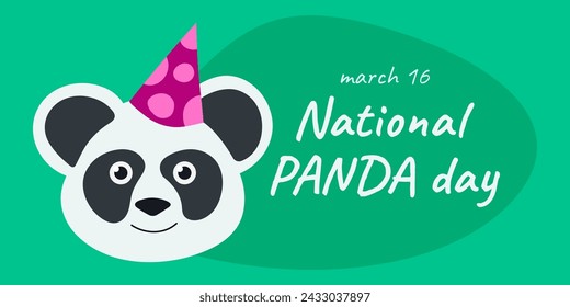 El Día Nacional del Panda es el 16 de marzo. Tarjeta de vacaciones. Cabeza de oso lindo con sombrero festivo. Bozal de animal sonriente blanco y negro sobre verde. Cartel con texto del evento festivo. Diseño plano. Ilustración de vector