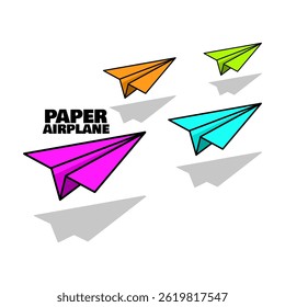 National Paper Airplane Day to celebrate on May 26th. Colorful paper airplanes flying low on white background.