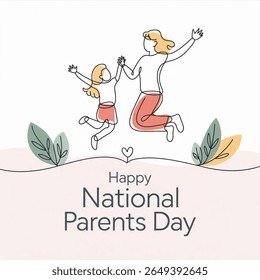 National Parents Day, one-line drawing, parent and son, jumping, play, minimal, vector, family, love, sketch.
