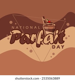 National Parfait Day to celebrate on November 25th. A glass of chocolate parfait with cherry topping on a gradient melt brown background.