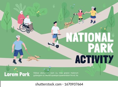 National park activities banner flat vector template. Brochure, poster concept design with cartoon characters. Municipal recreation zone, open air rest horizontal flyer, leaflet with place for text