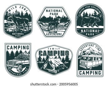 National park and camping labels with moose bear deer tourist tent travel car and bus in vintage monochrome style isolated vector illustration