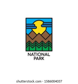 National park colorful logo design. Classic nature icon. Simple sun, clouds, mountain, trees badge. Nature line art logo. Minimal vector national park design.